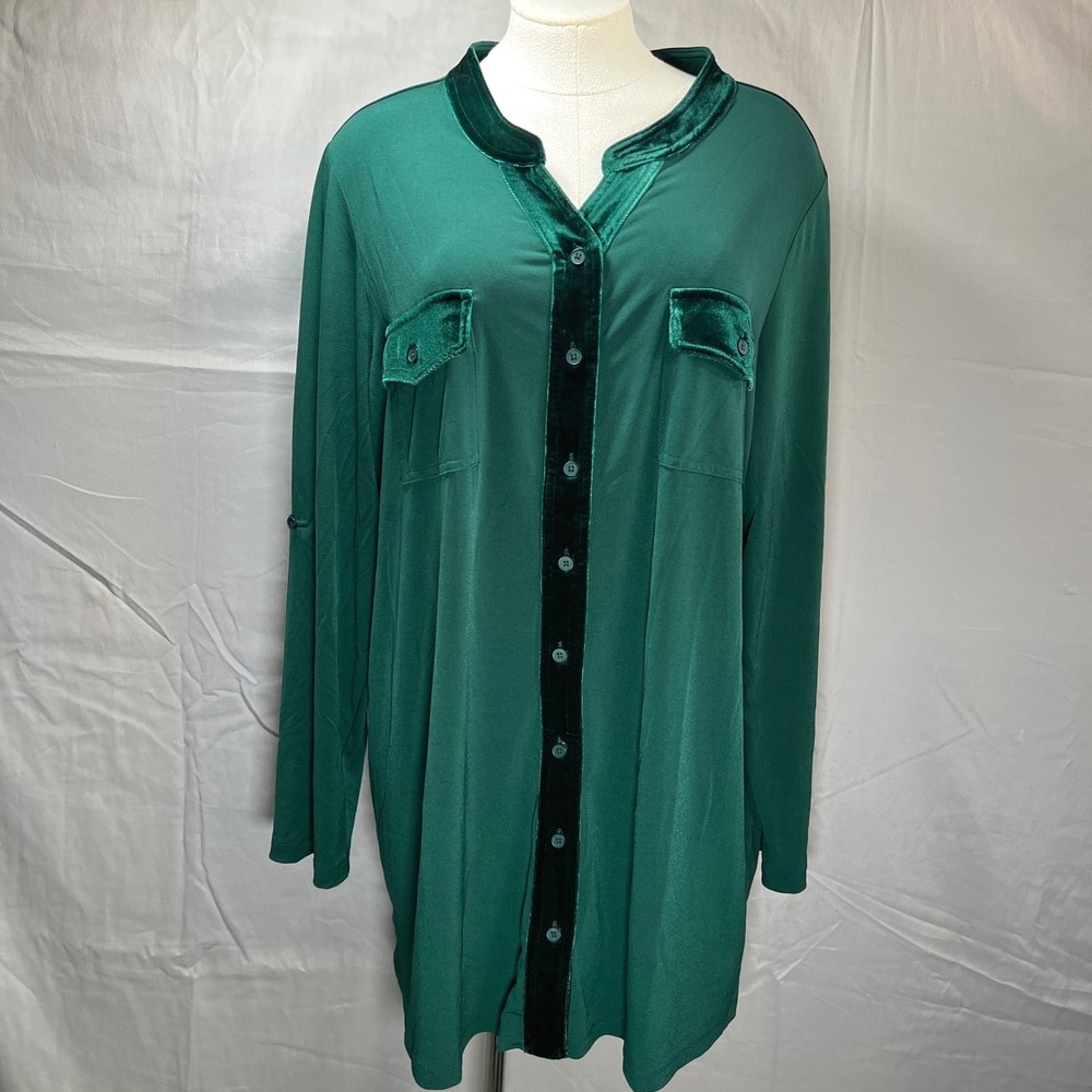 Susan Graver Green Velvet Button Front Tunic Shirt Plus Size 2X Liquid Knit